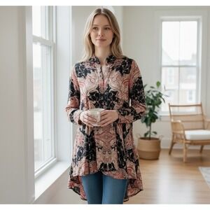 Free People Womens Top XS Field Of‎ Butterflies Black Red Babydoll Tunic Boho